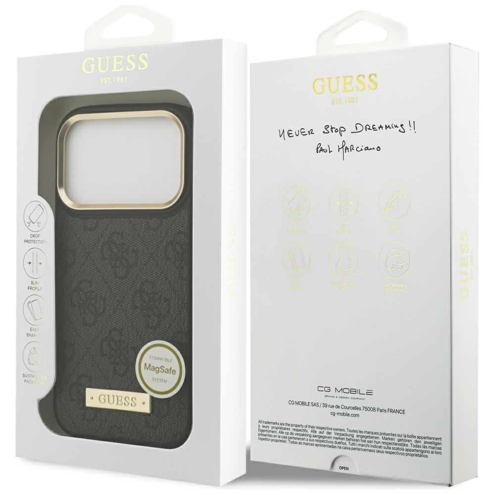 Custodia MagSafe per Apple iPhone 17 Pro, Guess, 4G Logo Plate, Nera