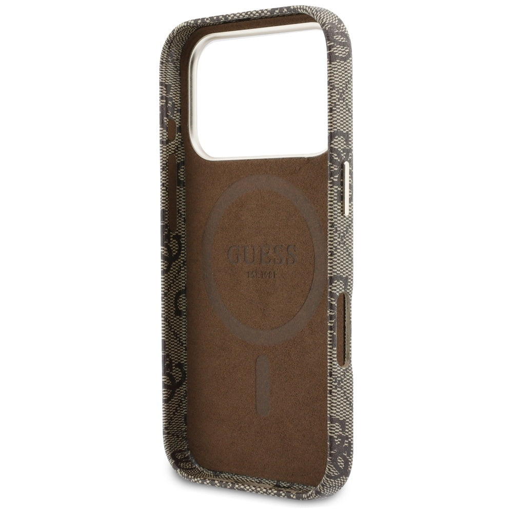 Coque MagSafe pour Apple iPhone 17 Pro, Guess, Logo Script 4G, Marron