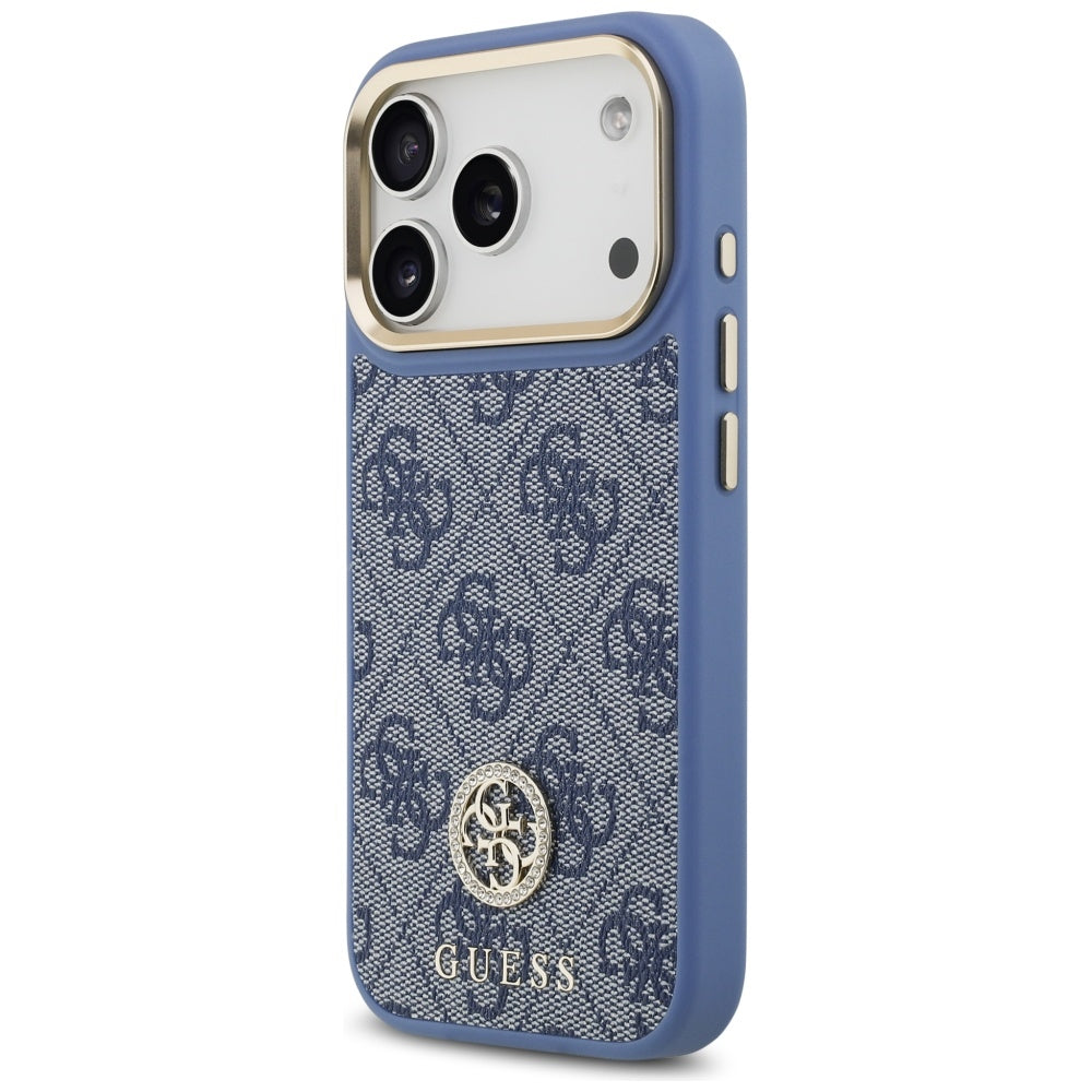 MagSafe Hülle für Apple iPhone 17 Pro, Guess, 4G Strass Logo mit großem Band, Blau