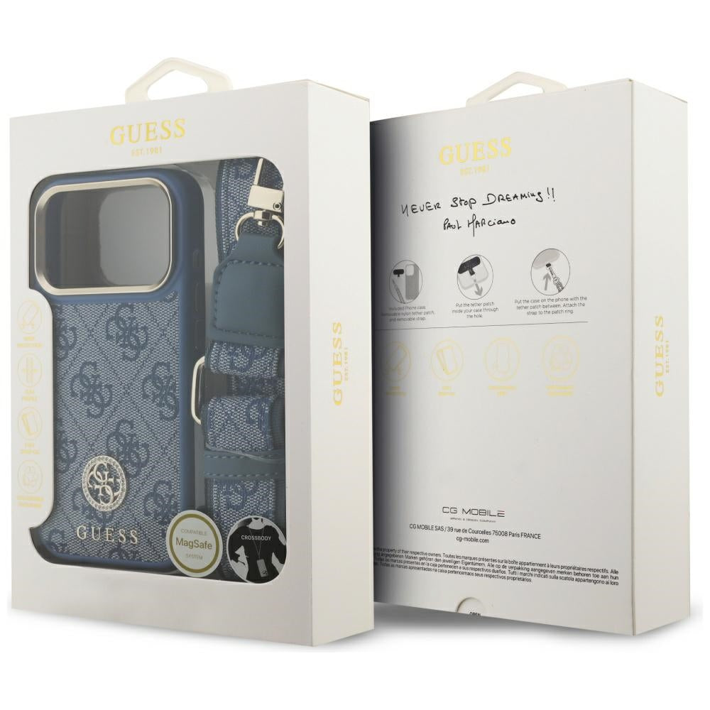 MagSafe Hülle für Apple iPhone 17 Pro, Guess, 4G Strass Logo mit großem Band, Blau