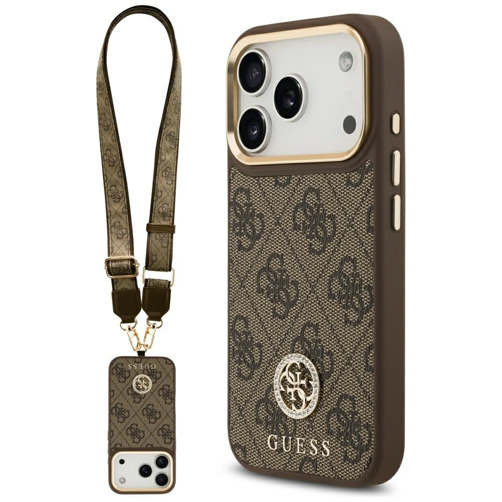 MagSafe Hülle für Apple iPhone 17 Pro, Guess, 4G Strass Logo mit großem Band, Braun
