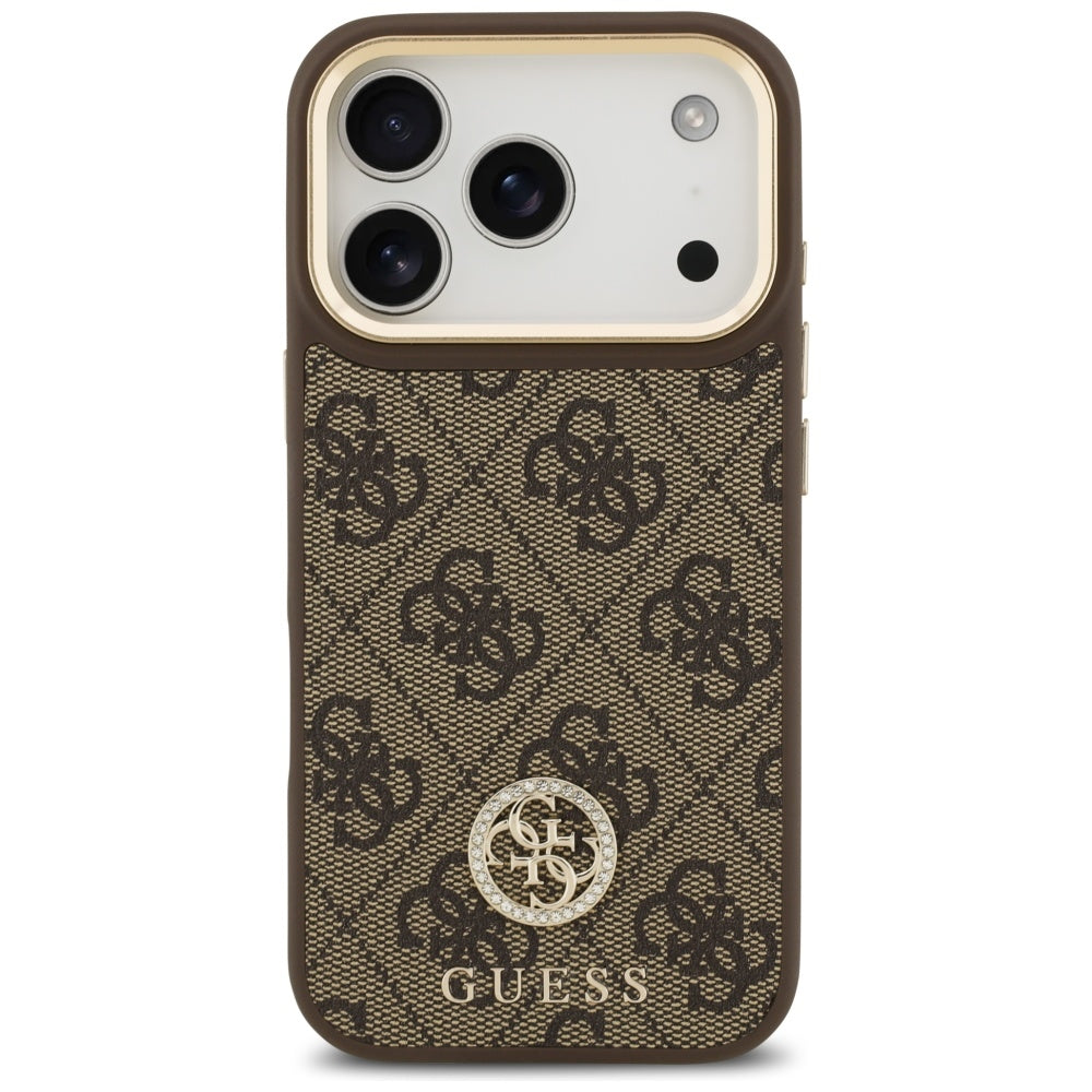 MagSafe Hülle für Apple iPhone 17 Pro, Guess, 4G Strass Logo mit großem Band, Braun