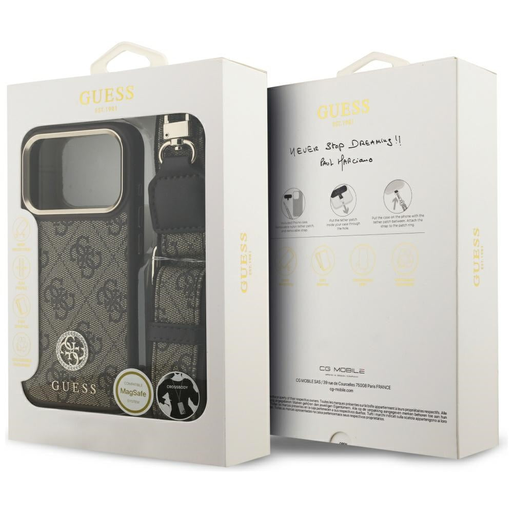 MagSafe Hülle für Apple iPhone 17 Pro, Guess, 4G Strass Logo mit großem Band, Braun