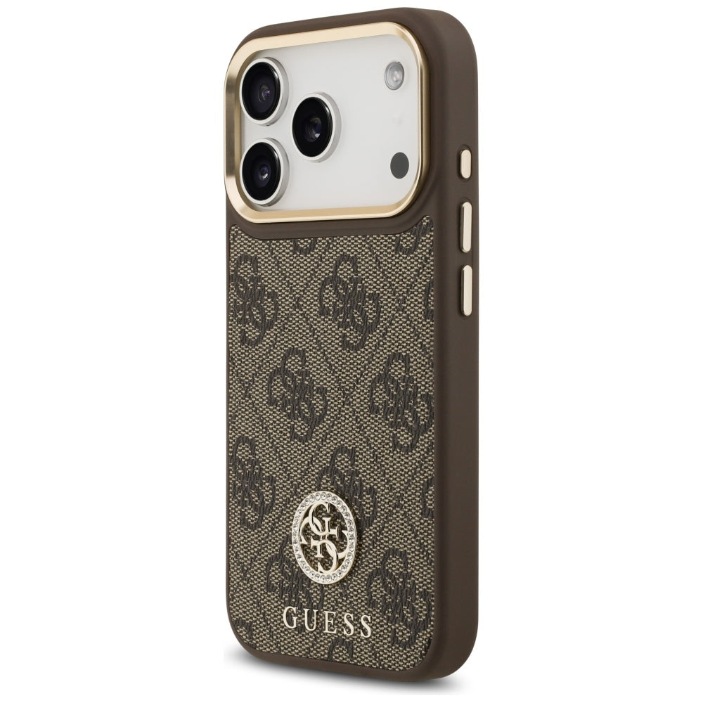 MagSafe Hülle für Apple iPhone 17 Pro, Guess, 4G Strass Logo mit großem Band, Braun