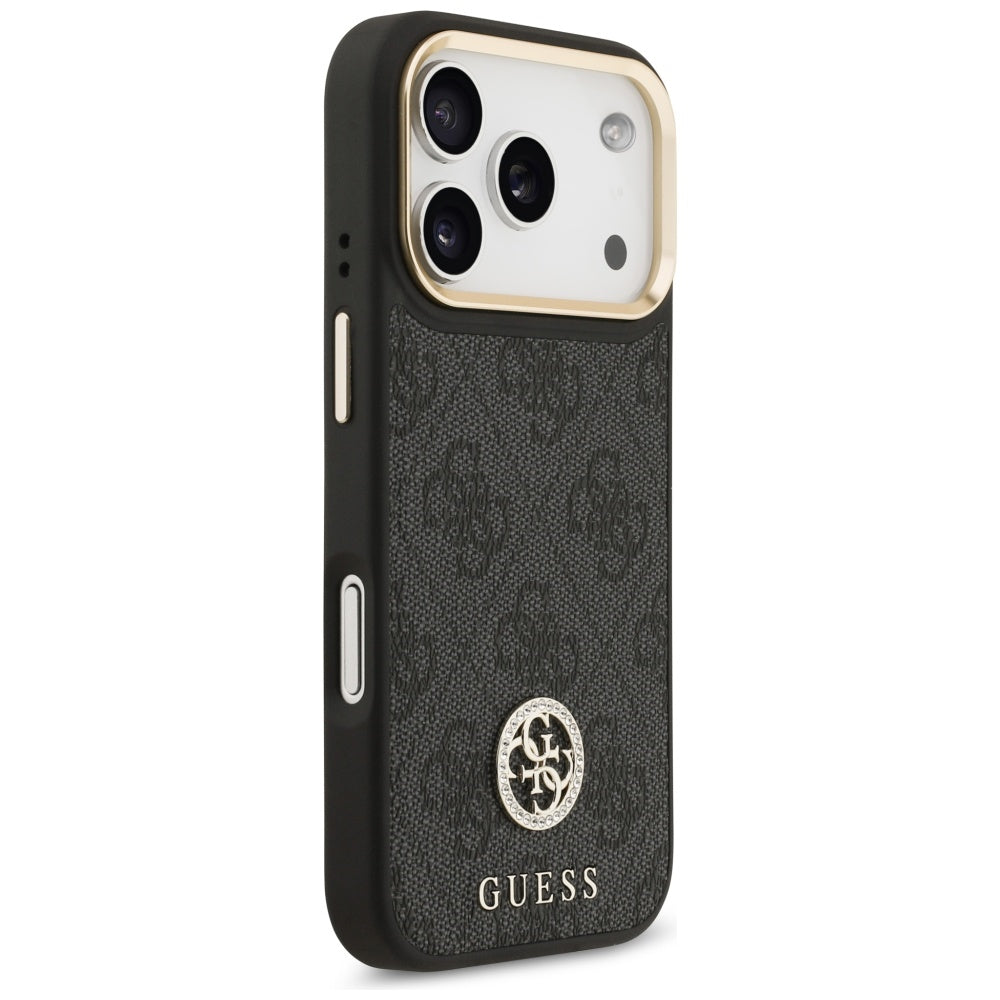 Étui MagSafe pour Apple iPhone 17 Pro, Guess, Logo Strass 4G avec Grande Bandoulière, Noir