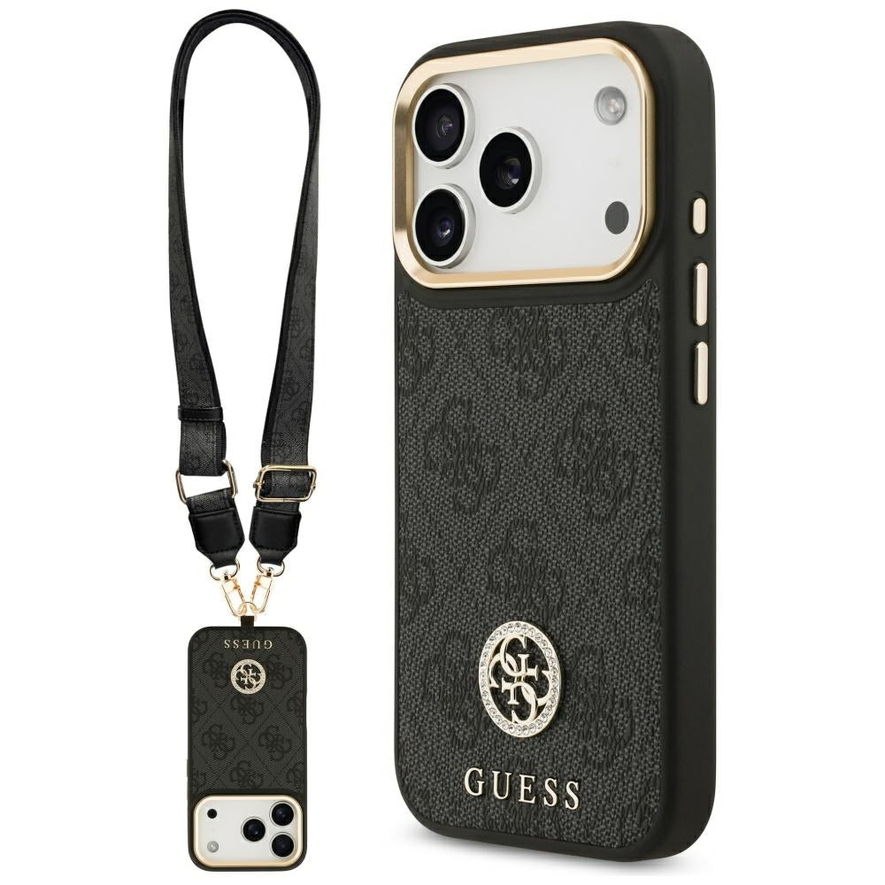 Étui MagSafe pour Apple iPhone 17 Pro, Guess, Logo Strass 4G avec Grande Bandoulière, Noir