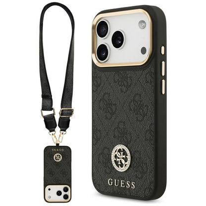Étui MagSafe pour Apple iPhone 17 Pro, Guess, Logo Strass 4G avec Grande Bandoulière, Noir