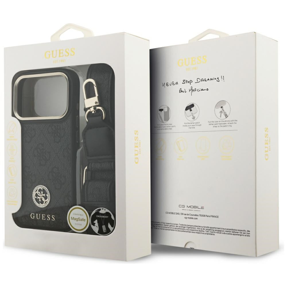 Étui MagSafe pour Apple iPhone 17 Pro, Guess, Logo Strass 4G avec Grande Bandoulière, Noir