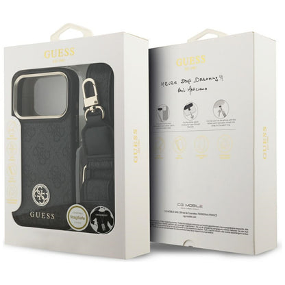 Étui MagSafe pour Apple iPhone 17 Pro, Guess, Logo Strass 4G avec Grande Bandoulière, Noir