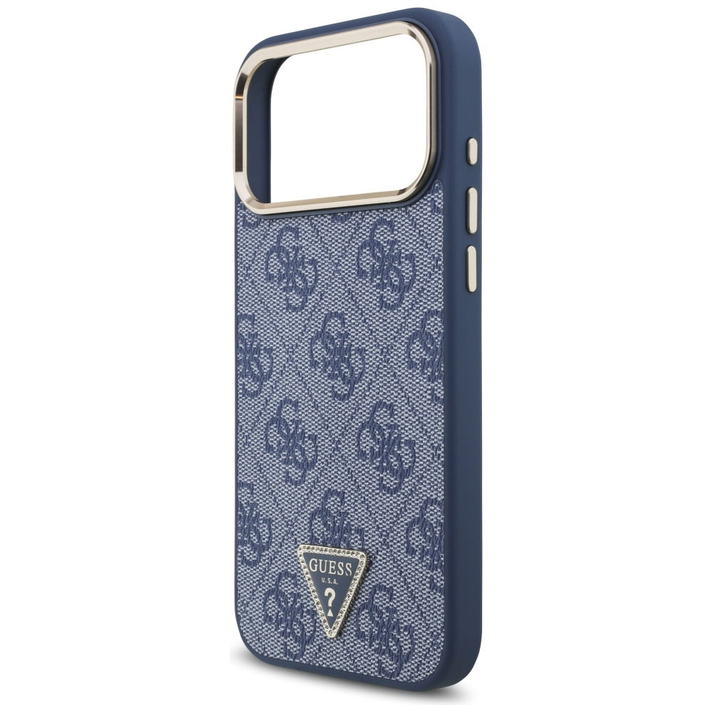 Coque MagSafe pour Apple iPhone 17 Pro, Guess, Logo Triangle 4G, Bleu Doré