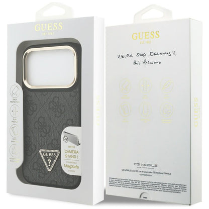 Coque MagSafe pour Apple iPhone 17 Pro, Guess, Logo Triangle 4G avec Support Caméra, Noir Doré