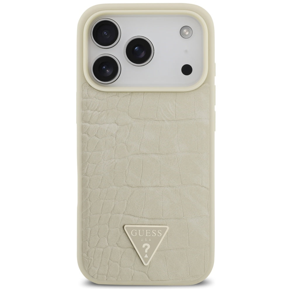 Étui MagSafe pour Apple iPhone 17 Pro, Guess, Logo Triangle Croco, Doré