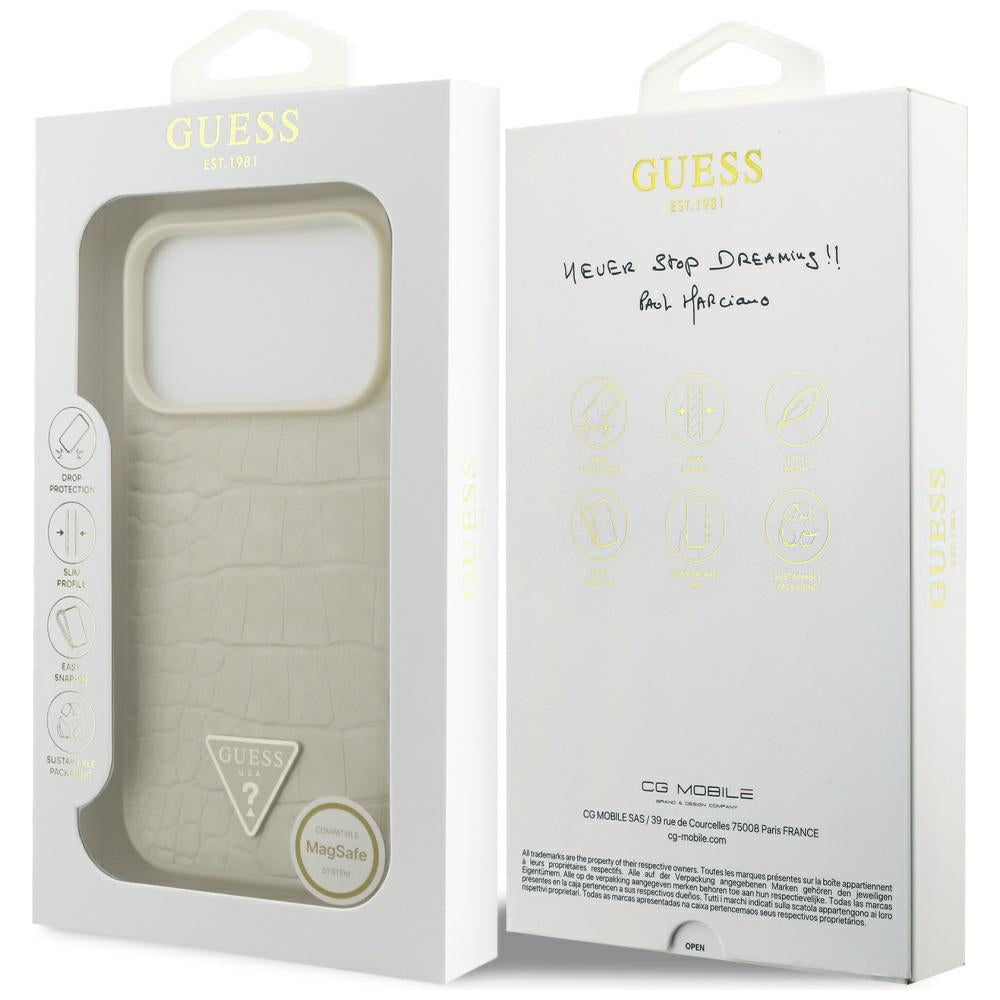 Étui MagSafe pour Apple iPhone 17 Pro, Guess, Logo Triangle Croco, Doré