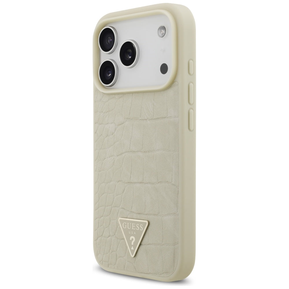 Étui MagSafe pour Apple iPhone 17 Pro, Guess, Logo Triangle Croco, Doré