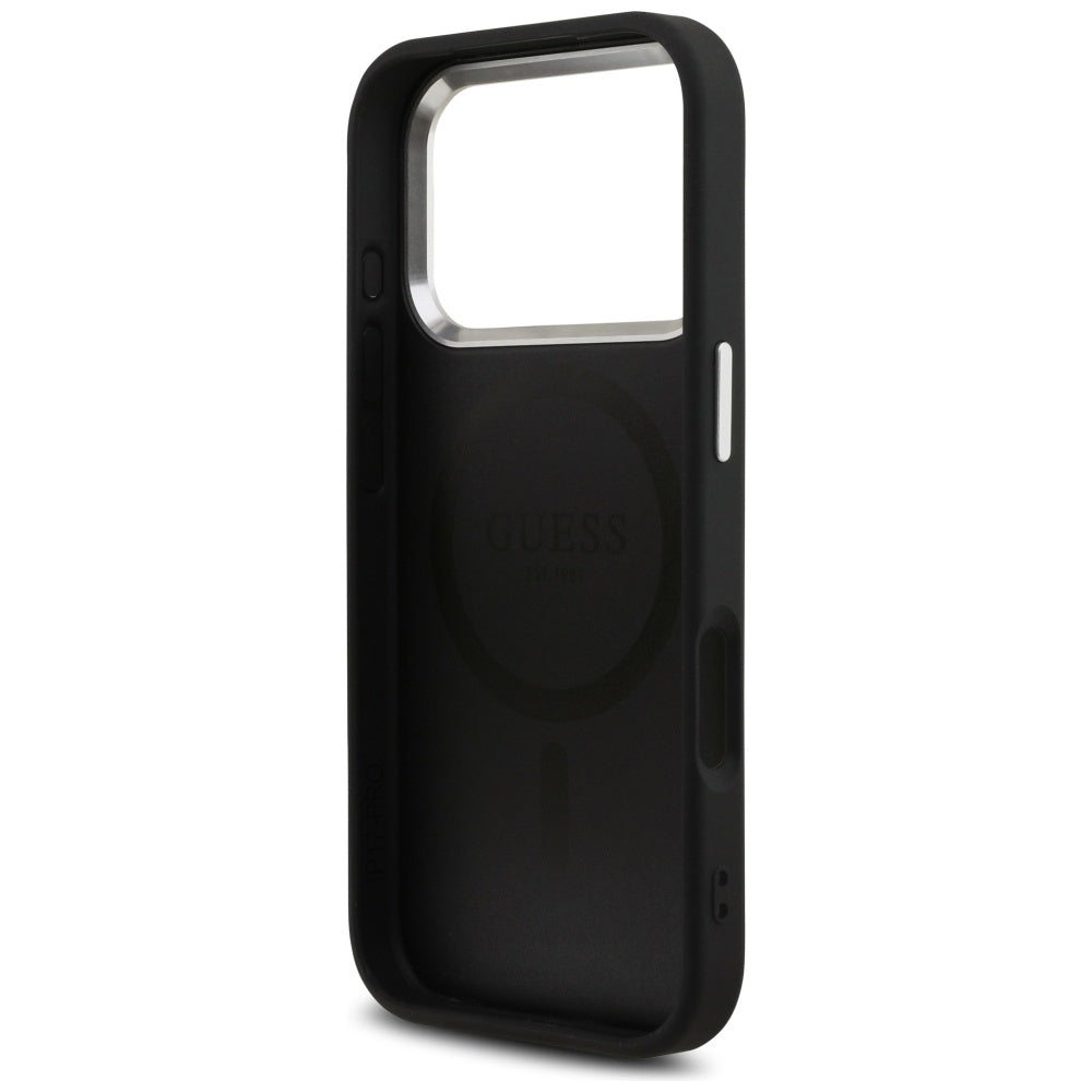 Coque MagSafe pour Apple iPhone 17 Pro, Guess, Logo Triangle Pailleté, Noire