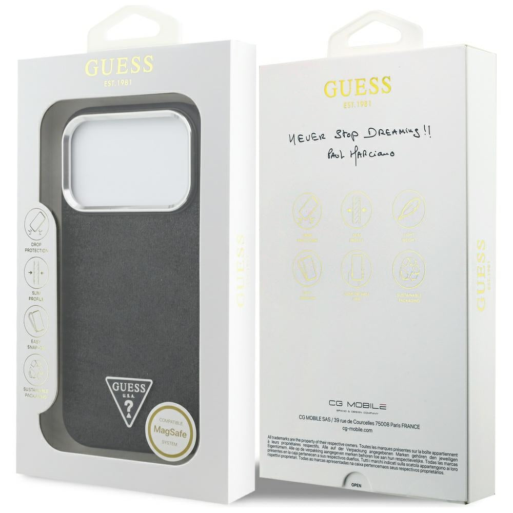 Coque MagSafe pour Apple iPhone 17 Pro, Guess, Logo Triangle Pailleté, Noire