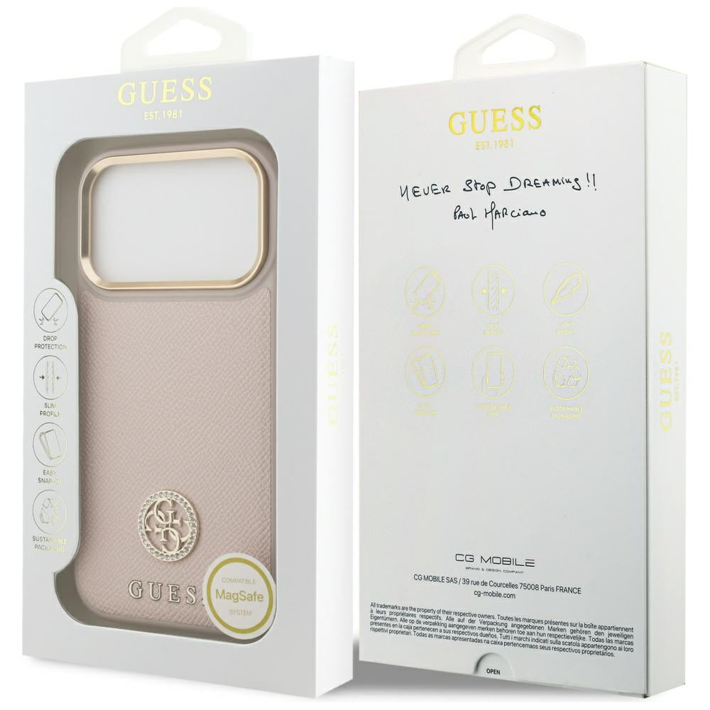 Étui MagSafe pour Apple iPhone 17 Pro, Guess, Logo Strass Grainé, Rose
