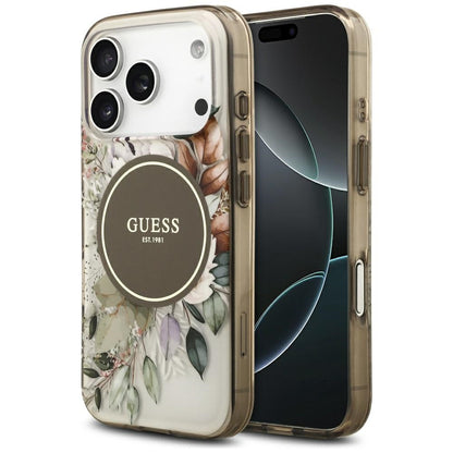 Étui MagSafe pour Apple iPhone 17 Pro, Guess, IML Flower and Tonal Circle, Marron