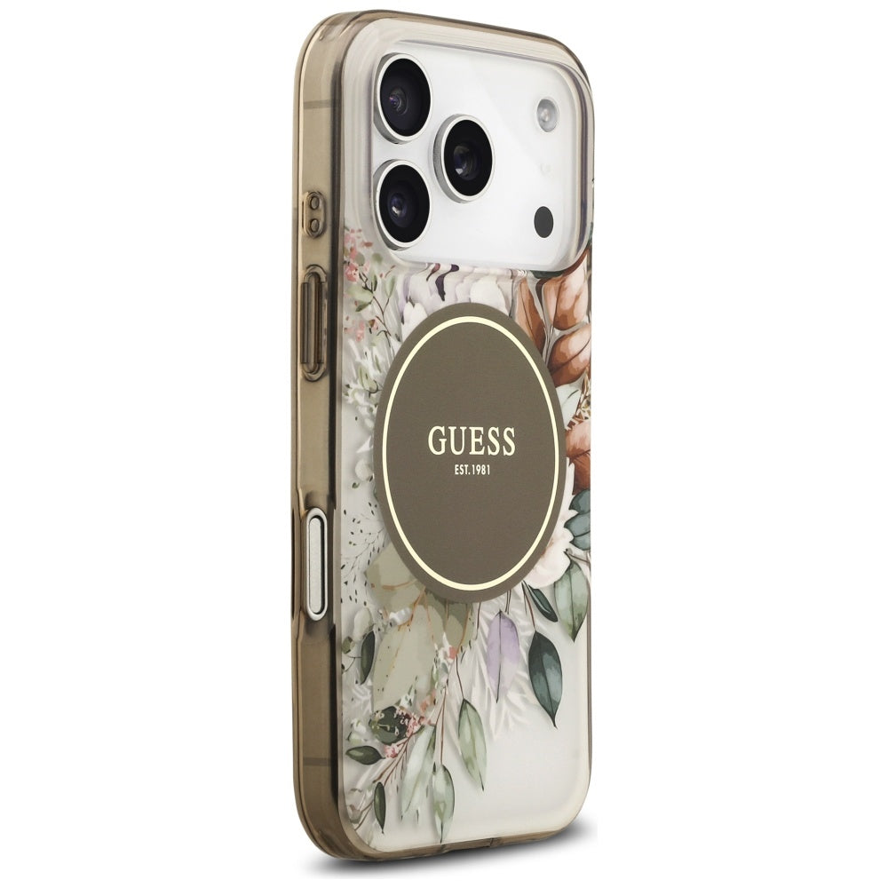Étui MagSafe pour Apple iPhone 17 Pro, Guess, IML Flower and Tonal Circle, Marron