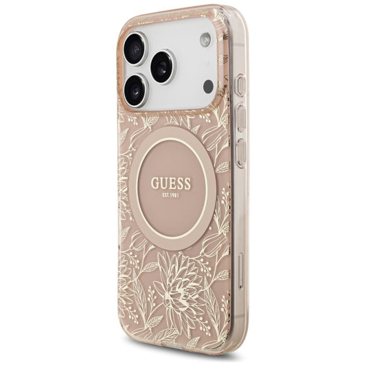 MagSafe Hülle für Apple iPhone 17 Pro, Guess, IML Flowers Allover Electroplated with Pearl Strap, Rosa