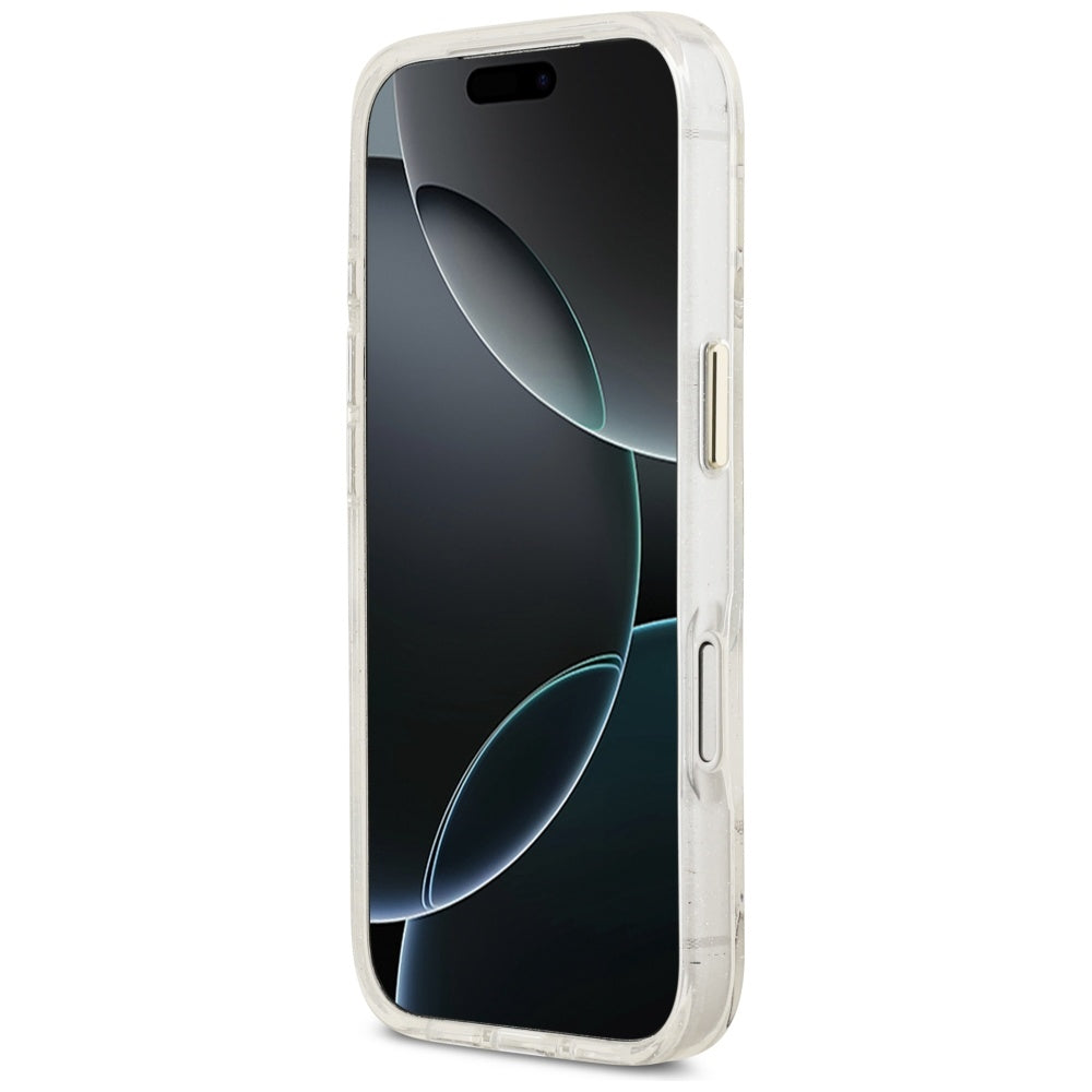 Coque MagSafe pour Apple iPhone 17 Pro, Guess, IML Metal Glitter Flowers Triangle, Blanche