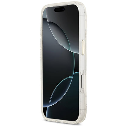 Coque MagSafe pour Apple iPhone 17 Pro, Guess, IML Metal Glitter Flowers Triangle, Blanche