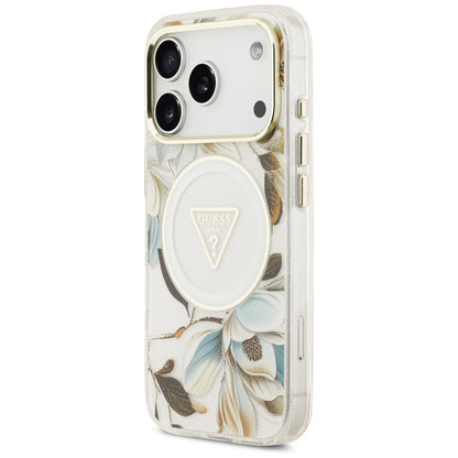 Coque MagSafe pour Apple iPhone 17 Pro, Guess, IML Metal Glitter Flowers Triangle, Blanche