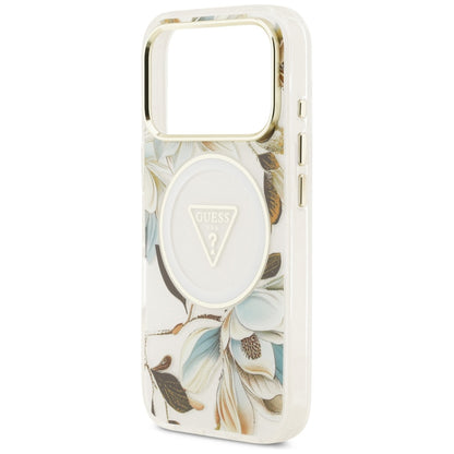 Coque MagSafe pour Apple iPhone 17 Pro, Guess, IML Metal Glitter Flowers Triangle, Blanche