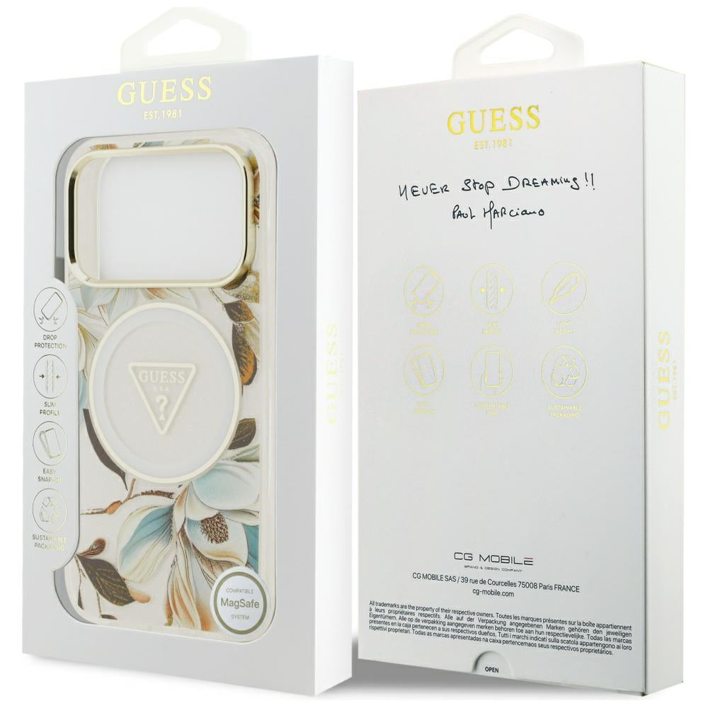Coque MagSafe pour Apple iPhone 17 Pro, Guess, IML Metal Glitter Flowers Triangle, Blanche