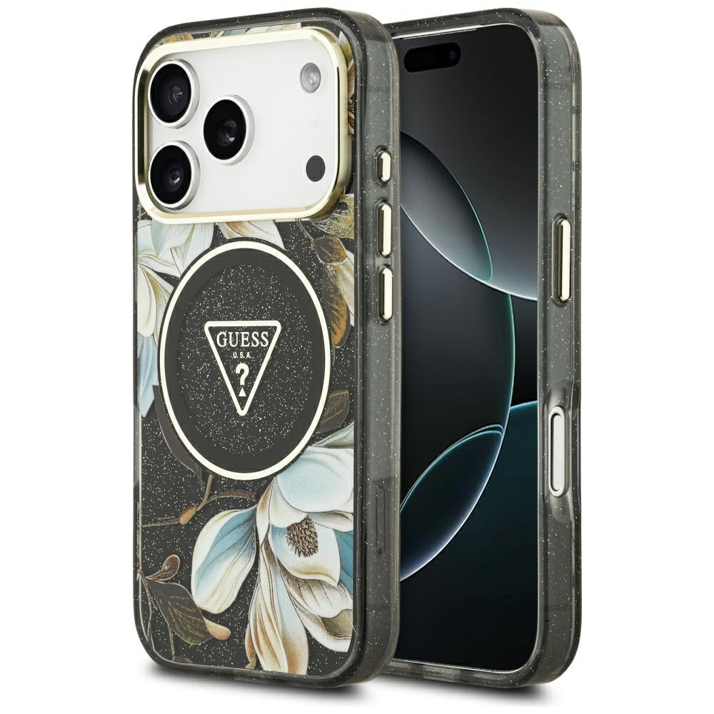 Custodia MagSafe per Apple iPhone 17 Pro, Guess, IML Metal Glitter Flowers Triangle, Nera