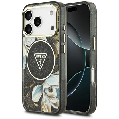 Custodia MagSafe per Apple iPhone 17 Pro, Guess, IML Metal Glitter Flowers Triangle, Nera