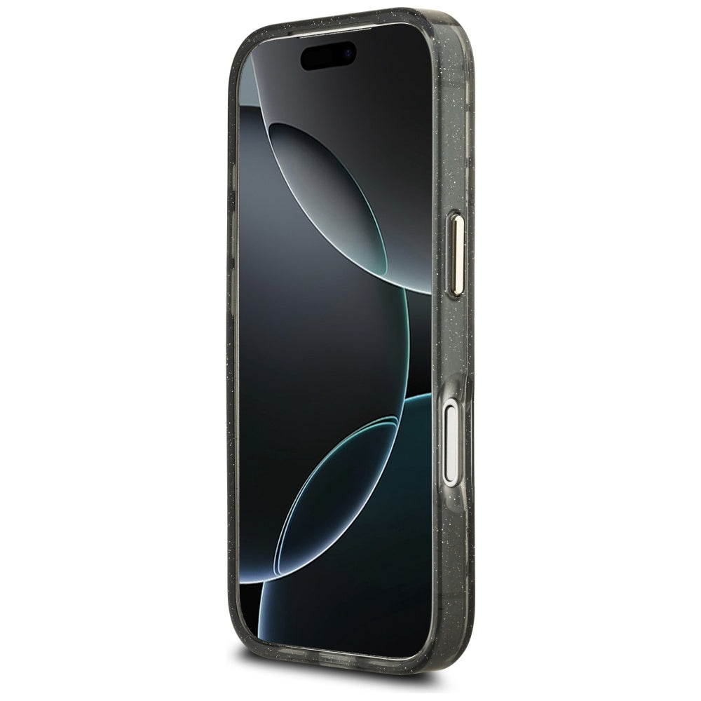 Custodia MagSafe per Apple iPhone 17 Pro, Guess, IML Metal Glitter Flowers Triangle, Nera