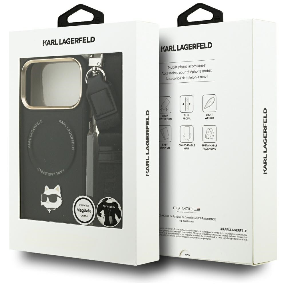 Étui MagSafe pour Apple iPhone 17 Pro, Karl Lagerfeld, Big Strap Choupette Metal Logo, Noir