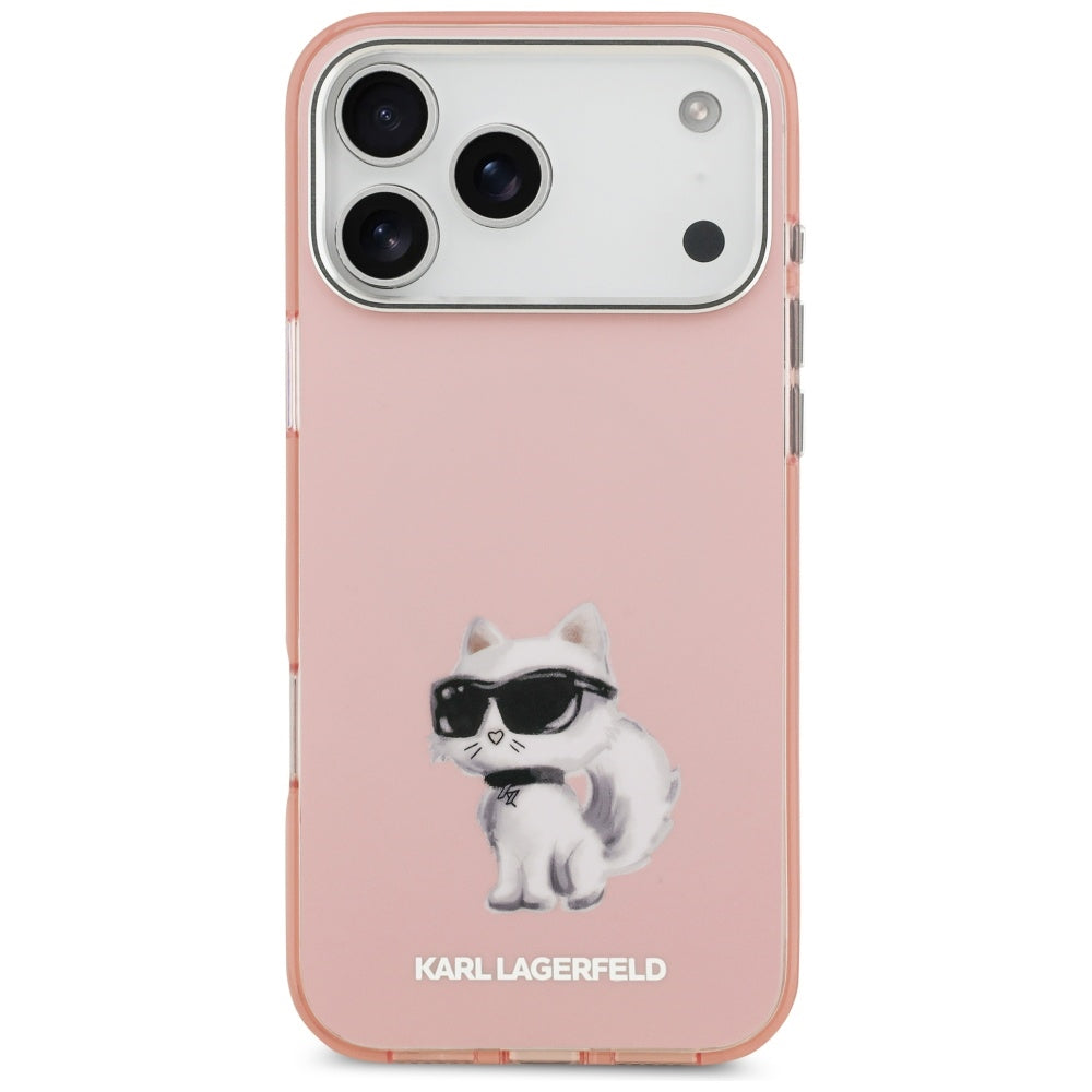 Coque MagSafe pour Apple iPhone 17 Pro, Karl Lagerfeld, IML Aquarelle Logo Choupette, Rose.