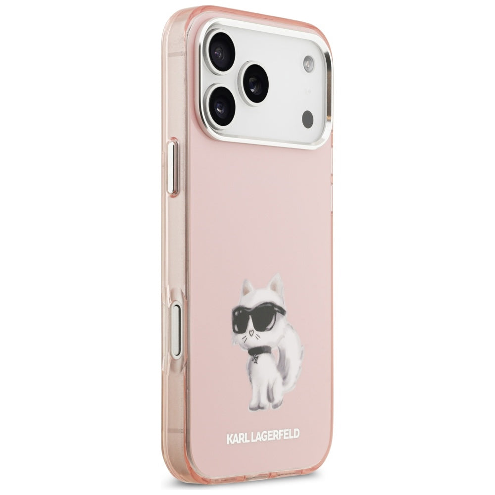 Coque MagSafe pour Apple iPhone 17 Pro, Karl Lagerfeld, IML Aquarelle Logo Choupette, Rose.