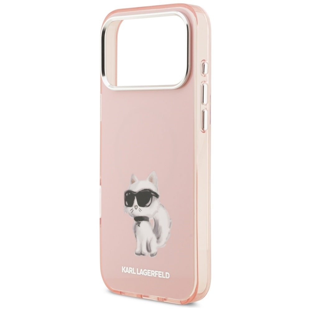 Coque MagSafe pour Apple iPhone 17 Pro, Karl Lagerfeld, IML Aquarelle Logo Choupette, Rose.