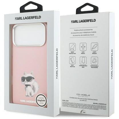 Coque MagSafe pour Apple iPhone 17 Pro, Karl Lagerfeld, IML Aquarelle Logo Choupette, Rose.