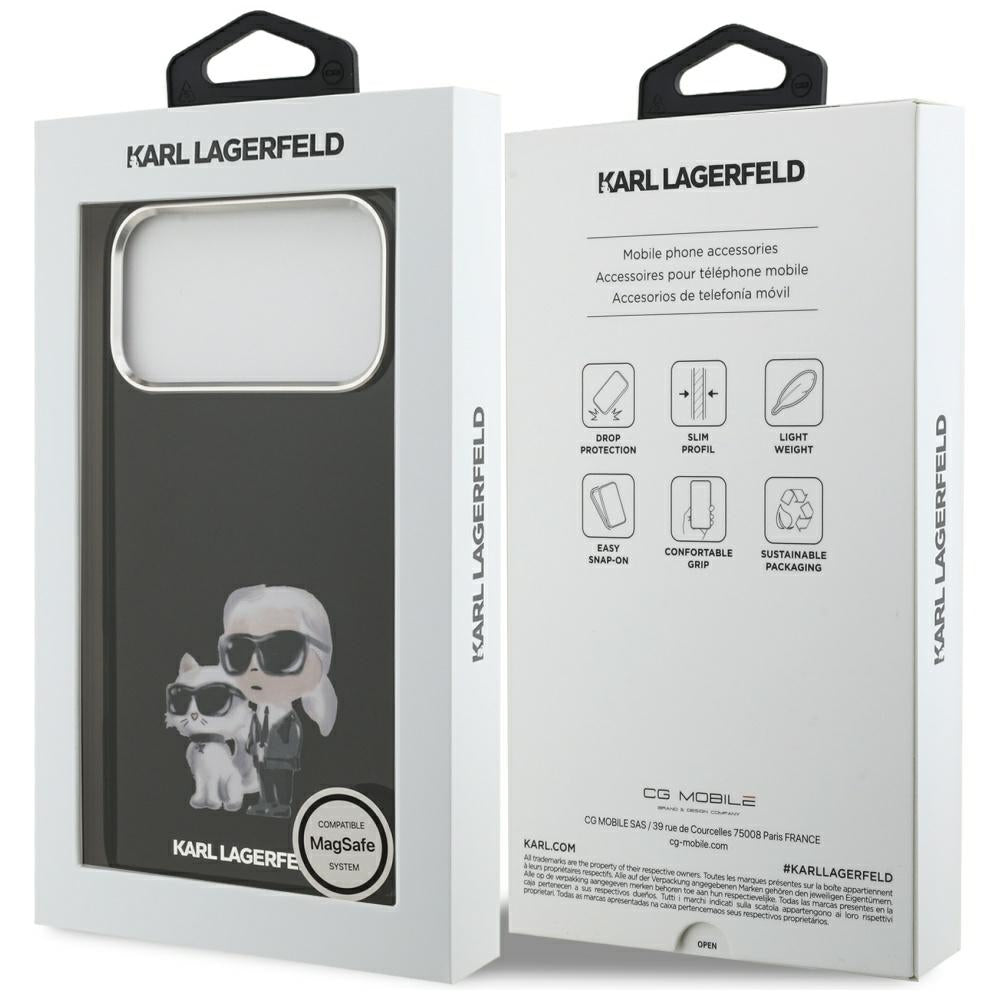 Étui MagSafe pour Apple iPhone 17 Pro, Karl Lagerfeld, IML Aquarelle Logo Karl & Choupette, Noir.