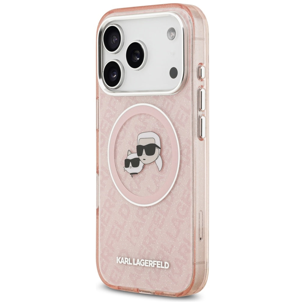 Étui MagSafe pour Apple iPhone 17 Pro, Karl Lagerfeld, IML Glitter Karl & Choupette's Heads, Rose
