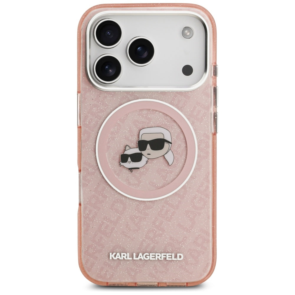Étui MagSafe pour Apple iPhone 17 Pro, Karl Lagerfeld, IML Glitter Karl & Choupette's Heads, Rose