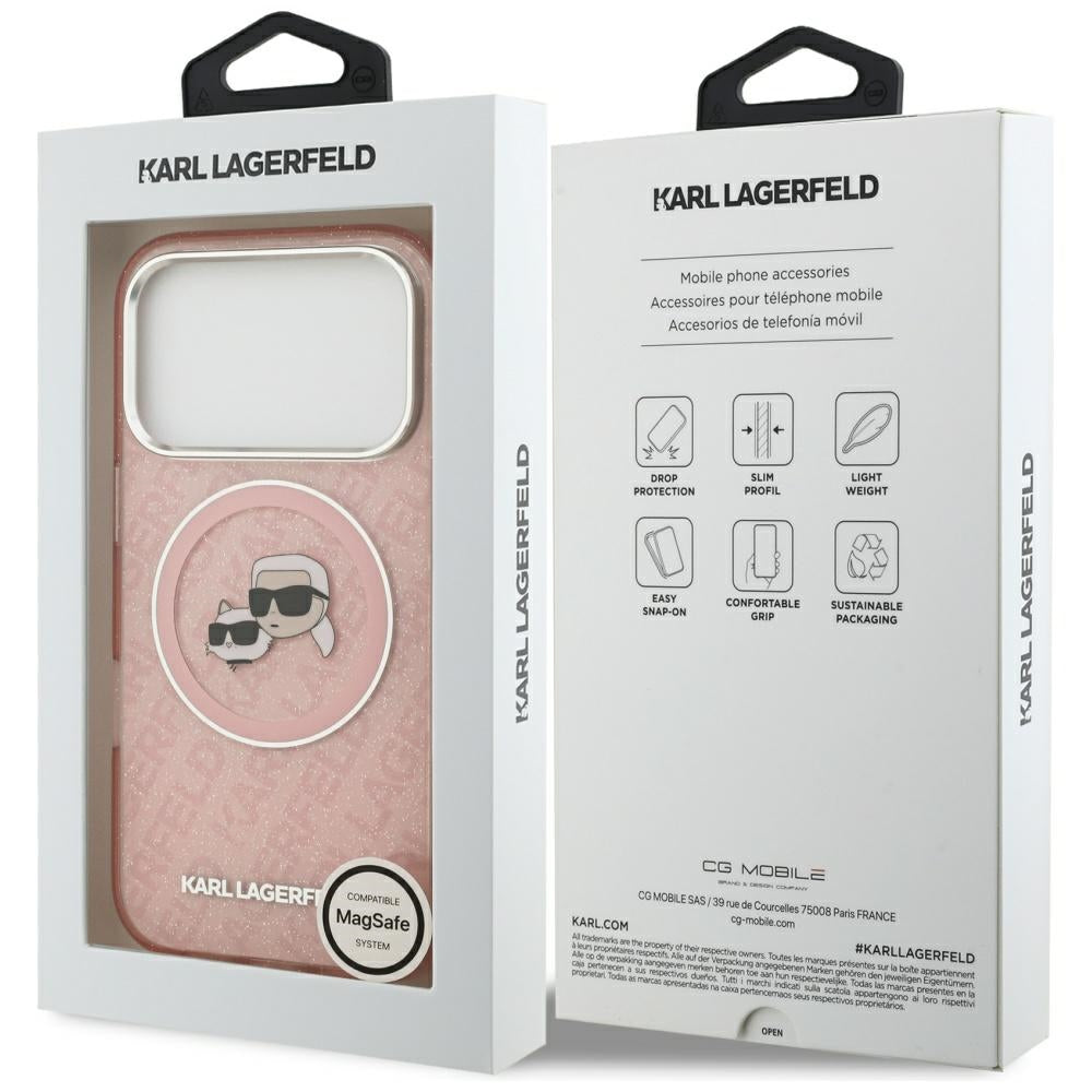 Étui MagSafe pour Apple iPhone 17 Pro, Karl Lagerfeld, IML Glitter Karl & Choupette's Heads, Rose
