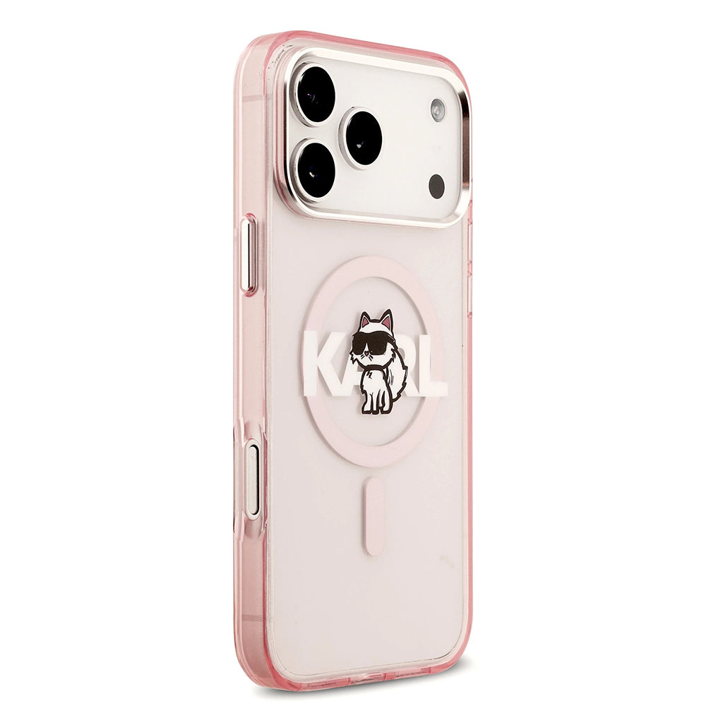 Étui MagSafe pour Apple iPhone 17 Pro, Karl Lagerfeld, IML Sketch Logo Choupette, Rose.