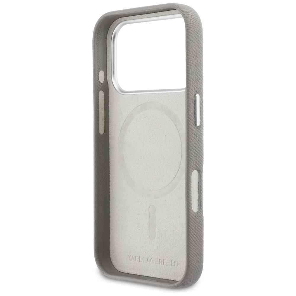 Étui MagSafe pour Apple iPhone 17 Pro, Karl Lagerfeld, Saffiano Karl & Choupette Pins, Gris