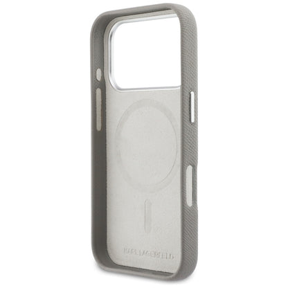Étui MagSafe pour Apple iPhone 17 Pro, Karl Lagerfeld, Saffiano Karl & Choupette Pins, Gris