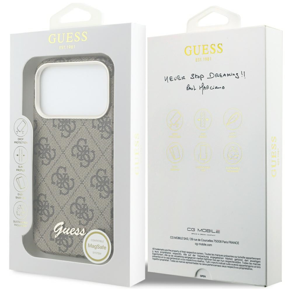 Custodia MagSafe per Apple iPhone 17 Pro Max, Guess, 4G Script Logo, Marrone
