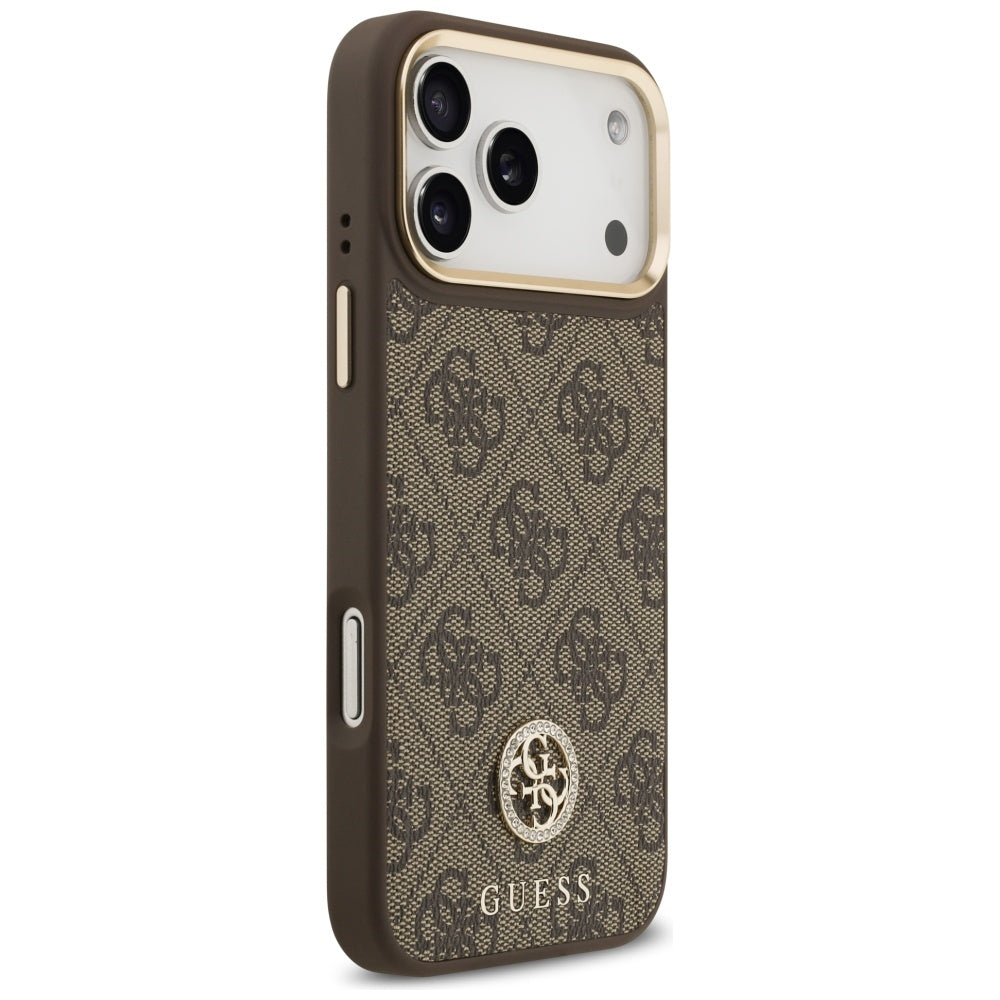 MagSafe Hülle für Apple iPhone 17 Pro Max, Guess, 4G Strass Logo mit großem Riemen, Braun