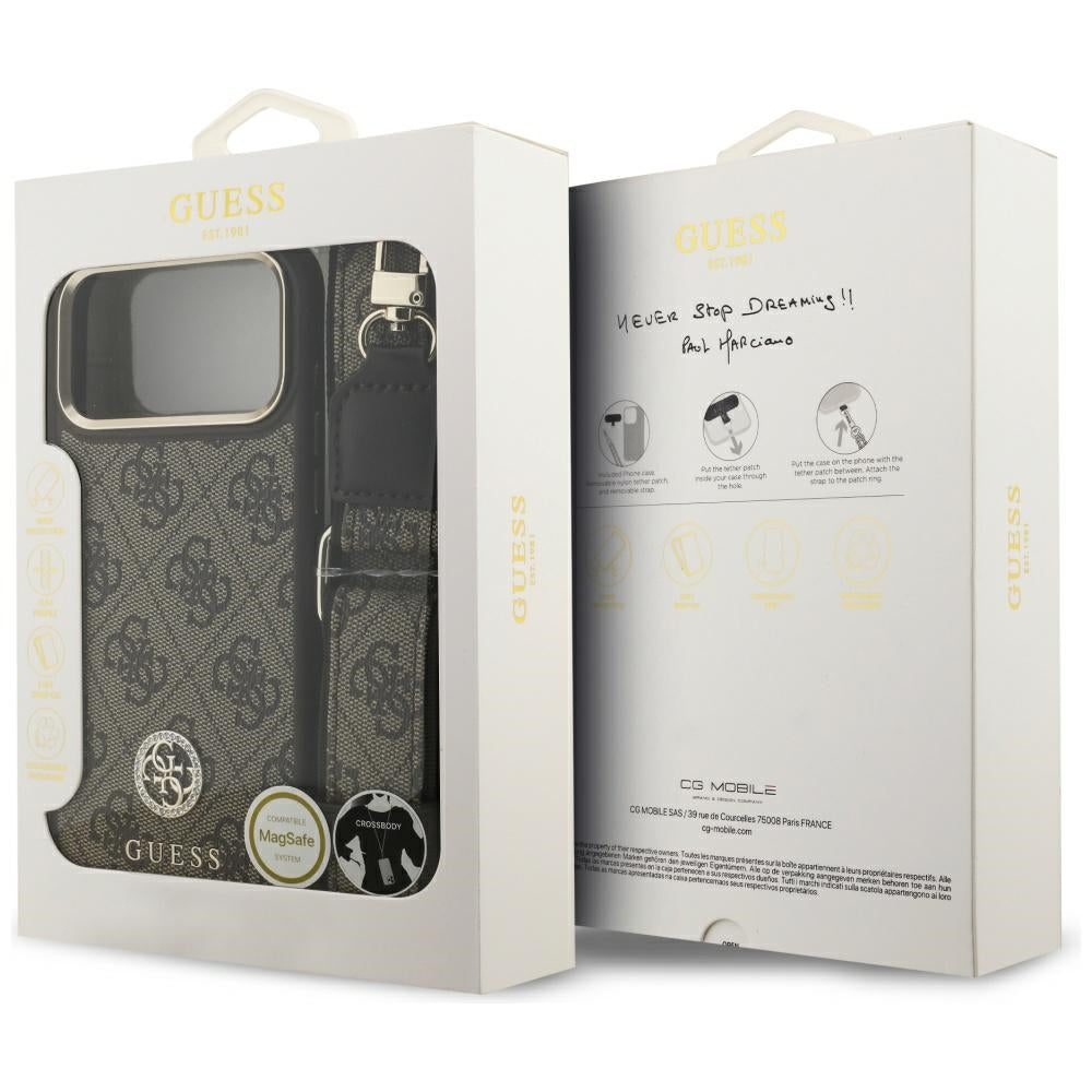 MagSafe Hülle für Apple iPhone 17 Pro Max, Guess, 4G Strass Logo mit großem Riemen, Braun