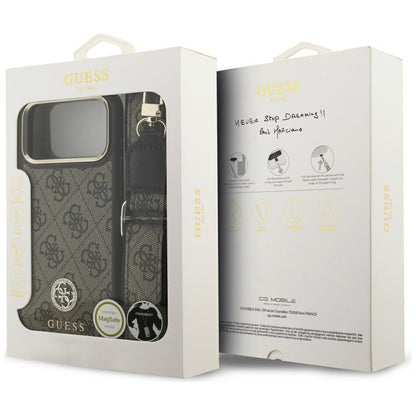 MagSafe Hülle für Apple iPhone 17 Pro Max, Guess, 4G Strass Logo mit großem Riemen, Braun