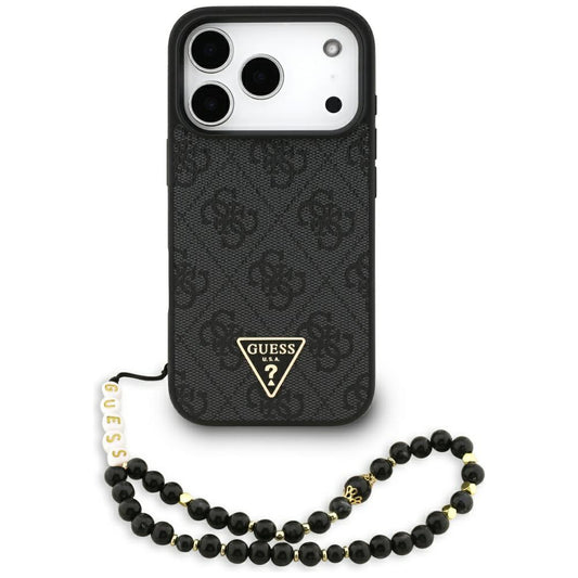 Coque MagSafe pour Apple iPhone 17 Pro Max, Guess, logo triangle 4G avec lanière, Noire