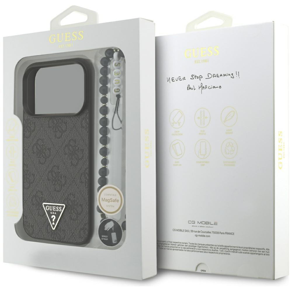 MagSafe Hülle für Apple iPhone 17 Pro Max, Guess, 4G Triangle Logo mit Kordelband, Schwarz